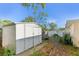 Backyard featuring a shed and brick pathway surrounded by mature trees at 230 Davison Ne Ave, St Petersburg, FL 33703