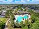 Aerial view of a community pool surrounded by palm trees and well-manicured landscaping at 32101 Goddard Dr, Wesley Chapel, FL 33543