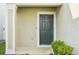Close-up view of a stylish dark-colored front door with modern hardware and a covered porch at 11301 Hudson Hills Ln, Riverview, FL 33579