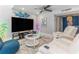 Entertaining loft with large-screen TV, white reclining sofa, and unique neon flamingo decor at 1390 Gulf Blvd # Ph 2, Clearwater Beach, FL 33767