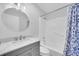 Bright bathroom featuring a modern vanity, updated shower, and elegant round mirror at 2700 Bayshore Blvd # 588, Dunedin, FL 34698