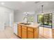 The kitchen island has a double sink, and looks out on the back porch and living room at 30103 Mossbank Dr, Wesley Chapel, FL 33543