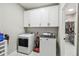 Functional laundry room with white cabinets, modern washer, and dryer, providing efficient space at 4307 Dristol Ave, Spring Hill, FL 34609