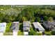 Beautiful aerial view of a neighborhood featuring lush trees, and a pond next to single Gathering homes at 4250 Warwick Hills Dr, Wesley Chapel, FL 33543