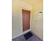 Close-up of a brown front door with a black door mat and exterior lighting at 7741 Forest Trl # 7, Port Richey, FL 34668