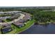 An aerial shot of a home featuring a screened-in pool with lush landscaping near a pond at 9133 Warm Springs Cir, Parrish, FL 34219