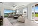 Bright living room with large windows overlooking a lake, tile flooring, and high ceilings at 15635 Sacile Ln, Bradenton, FL 34211