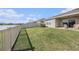 Fenced backyard with a view of the lake, accessible from a cozy patio at 18184 Turning Leaf Cir, Land O Lakes, FL 34638