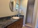 Bathroom with decorative mirror, wood cabinets, and walk-in shower at 3316 S Shamrock Rd, Tampa, FL 33629