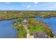 Wonderful aerial view of large waterfront property with beautiful trees, large lawn and a view of the ocean at 7049 Peninsular Dr, New Port Richey, FL 34652