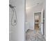 Modern bathroom with a tiled shower and mosaic tiled floors at 8833 Bel Meadow Way, Trinity, FL 34655