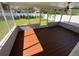 Relaxing screened porch with ceiling fan and view of the fenced backyard at 1574 Ewing Ave, Clearwater, FL 33756