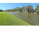 Serene pond view from the lush green backyard offering a peaceful retreat at 34355 Sorrel Mint Dr, Wesley Chapel, FL 33543