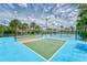 Outdoor pickleball courts featuring bright blue flooring, green playing surfaces, and palm tree landscaping at 16927 April Plush Dr, Wimauma, FL 33598