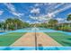 Outdoor pickleball courts featuring bright blue flooring, green playing surfaces, and black fencing at 16927 April Plush Dr, Wimauma, FL 33598