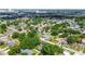 Aerial view of a charming residential neighborhood with mature trees and city skyline in the background at 2408 Linsey St, Tampa, FL 33605