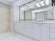 Vanity area in primary bathroom with dual sinks, large mirrors, and a walk-in shower at 2927 W Bayshore Ct, Tampa, FL 33611