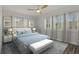 Serene bedroom featuring neutral walls, white shutters, wood floors, and inviting blue bedding at 714 Bayshore Dr, Tarpon Springs, FL 34689
