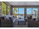 Cozy outdoor living area with comfortable seating, overlooking a scenic waterfront view and pool at 714 Bayshore Dr, Tarpon Springs, FL 34689