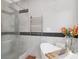 This walk-in shower features glass walls and sits near a standalone tub, with a heated towel rack nearby at 1162 Tookes Rd, Tarpon Springs, FL 34689