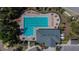 Aerial view showcases a large community pool, poolside lounge chairs, and manicured landscaping at 11828 Miracle Mile Dr, Riverview, FL 33578