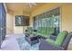 Relaxing screened-in patio with comfortable wicker furniture and views of the surrounding landscape at 2218 132Nd E Pl, Parrish, FL 34219