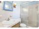 Neutral colored bathroom with shower, marble countertop, wood vanity, and modern sink at 33357 Westwood Dr, Ridge Manor, FL 33523