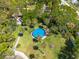 An aerial view of backyard with above ground pool and lush tropical landscaping at 8820 S Hickory Ln, Riverview, FL 33578