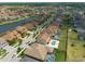 Aerial view of the home showcasing its backyard pool and location in a lakeside planned community at 11966 Climbing Fern Ave, Riverview, FL 33579