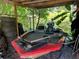 Red bass boat and trolling motor parked in a shed by the lake. Ready for your next fishing trip at 14633 Sassandra Dr, Odessa, FL 33556
