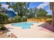Backyard pool surrounded by a concrete patio and wooden fence, with a neighboring blue house visible at 3103 Taragrove Dr, Tampa, FL 33618