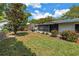 View of a lush backyard featuring a screened-in patio, mature tree, and a well-maintained lawn at 9044 Lynwood Dr, Seminole, FL 33772