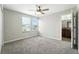Bedroom with neutral carpet, ceiling fan, and two windows; bathroom visible through doorway at 14050 Arbor Pines Dr, Riverview, FL 33579