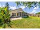 Green backyard with a view of the screened-in porch and house at 29013 Old Marsh End, Wesley Chapel, FL 33543