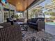 Cozy outdoor patio with wicker furniture, a stylish rug, and scenic views of the pool area at 4419 Swift Cir, Valrico, FL 33596