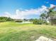 Expansive backyard with lush green lawn, a scenic pond, and tropical palm trees at 11414 Weston Course Loop, Riverview, FL 33579