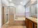 Bathroom featuring a soaking tub, a shower, double sinks, and vanity storage at 11414 Weston Course Loop, Riverview, FL 33579