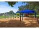 A colorful playground with swings and slides, shaded by a large blue awning, and covered in wood chips at 11519 Glenmont Dr, Tampa, FL 33635