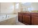 Serene bathroom showcasing a soaking tub, granite countertops, and dark wood cabinetry at 1155 Lawnview Ter, New Port Richey, FL 34655
