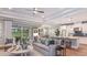 Open concept living room with ample seating, decor, and large glass doors leading to the outside at 1725 Trailhead Ln, Zephyrhills, FL 33541