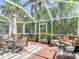 Outdoor patio with lounge and dining seating within a screened enclosure surrounded by landscaping at 2874 Bayshore Trails Dr, Tampa, FL 33611