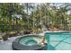A screened-in pool and spa with decorative accents surrounded by tropical plants and trees at 515 Orange St, Palm Harbor, FL 34683