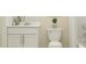 Stylish bathroom featuring white cabinetry, modern fixtures, a decorative plant, and a neutral color palette at 5618 Red Kite Dr, Wimauma, FL 33598