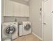 A functional laundry room with white cabinets, a front-load washer, and a dryer set, maximizing space and efficiency at 7051 Derwent Glen Cir, Land O Lakes, FL 34637