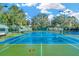 Community tennis court with green and blue surfaces and surrounded by trees under a sunny sky at 7051 Derwent Glen Cir, Land O Lakes, FL 34637