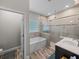 Bathroom with a soaking tub, tiled shower, and a single sink vanity with marble countertop at 11465 June Briar Loop, San Antonio, FL 33576