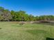 Lush green lawn overlooking a pond and wooden bridge, creating a serene and picturesque setting at 11465 June Briar Loop, San Antonio, FL 33576