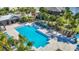 Overhead shot of a stunning pool and patio area with lounge seating at 28642 Tranquil Lake Cir, Wesley Chapel, FL 33543
