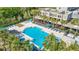 Aerial view of a sparkling community pool surrounded by lounge chairs and palm trees at 28642 Tranquil Lake Cir, Wesley Chapel, FL 33543