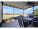 Relaxing screened lanai with ceiling fan, table, chairs, and a serene view of the outdoors at 5425 Rainwood Meadows Dr, Apollo Beach, FL 33572